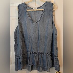 Est 1946 Denim Sleeveless Tunic Length Top With Ruffle Hem